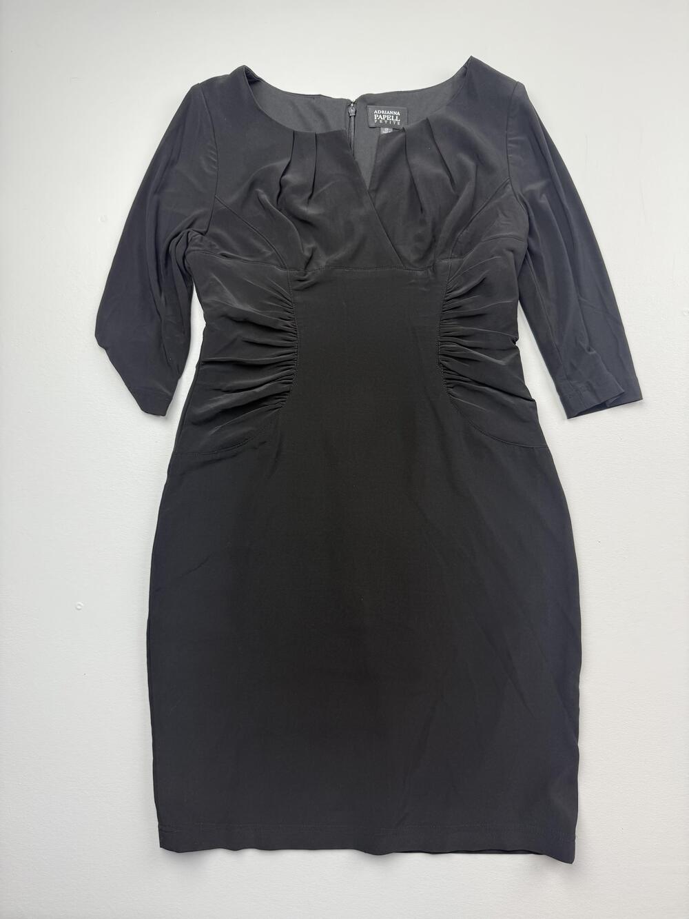 Adrianna Papell Dress Womens 10 Petite Black V Neck 3/4 Sleeve Ruched Sheath